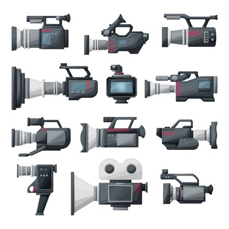 Video camera cartoon vector illustration on white background .Video camera set icons. Vector illustration camcorder for photo and film.のイラスト素材