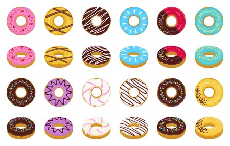 Sweet donut cartoon vector set icon. Isolated icon chocolate and cream doughnut.Vector illustration donut of sprinkles dessert on white background .のイラスト素材