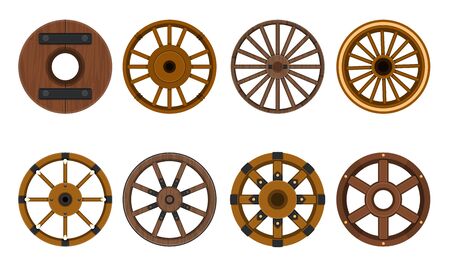 Wooden wheel vector cartoon set icon.Vector illustration cart of wheel. Isolated cartoon icon cartwheel for wagon on white background .のイラスト素材