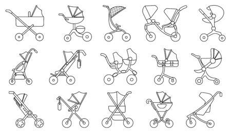 Baby carriage line vector set icon.Illustration of isolated line icons stroller for newborn.Vector illustration baby pram.のイラスト素材