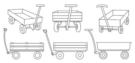 Garden cart line vector illustration on white background. Farm wheelbarrow line set icon.Vector illustration set icons equipment of garden cart.のイラスト素材