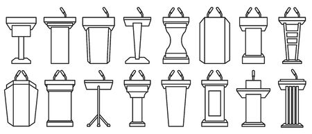 Podium of tribune line vector illustration on white background . Rostrum and podium set icon.Isolated vector illustration icons tribune with microphone.のイラスト素材