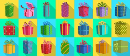 Gift box vector flat set icon. Illustration of isolated flat icon gift box with ribbon. Vector illustration set christmas present.のイラスト素材