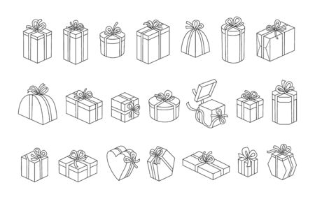Gift box outline vector illustration on white background .Giftbox with ribbon outline set icon.Isolated icon gift box for birthday.のイラスト素材