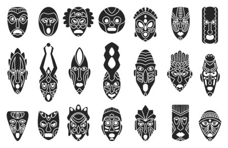 African mask black set icon.tribal African mask black vector illustration on white background .Vector illustration set icon face voodoo.のイラスト素材