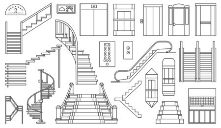 Staircase and lift vector outline set icon.Vector illustration stair and escalator.Isolated outline icon wooden of metal staircase on white background.のイラスト素材