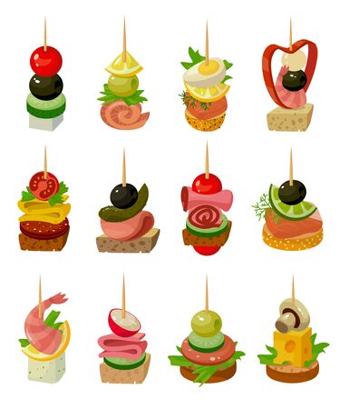 Canape of food vector illustration on white background. Isolated cartoon set icon appetizer. Vector cartoon set icon canape of food.のイラスト素材