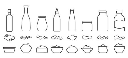 Sauce for bbq outline vector set icon.Vector illustration icon ketchup and dip. Isolated illustration set bottle and bowl sauce.のイラスト素材