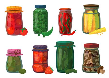 Pickled vegetables isolated cartoon set icon. Vector cartoon set icons preserve fruit. Vector illustration pickled vegetables on white background.のイラスト素材