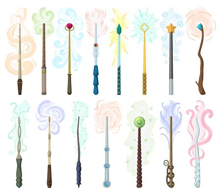 Magic wand isolated cartoon set icon. Cartoon vector set icons wizard stick . Vector illustration magic wand on white background.のイラスト素材