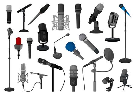 Microphone vector illustration on white background. Vector cartoon set icon music mic. Isolated cartoon set icons microphone .のイラスト素材
