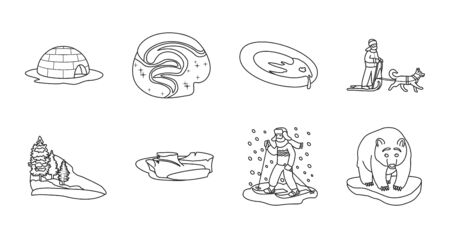 Alaska vector outline set.Vector illustration of north eskimo and ice arctic inuit igloo .North alaska with ice igloo.Eskimo and inuit outline icon.のイラスト素材