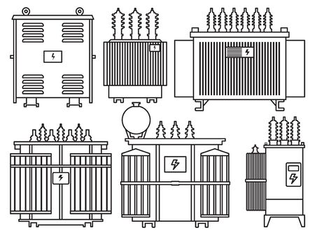 Transformer vector installation on white background . Isolated outline set icon energy substation. Vector outline set icon transformer.のイラスト素材