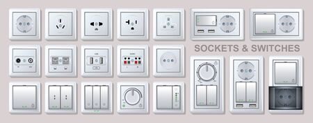 Electricity socket vector realistic set icon. Isolated realistic set icon electric switch.Vector illustration electricity socket on white background.のイラスト素材