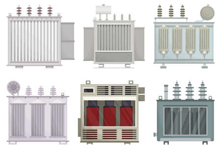 Transformer electric vector installation on white background . Isolated cartoon set icon energy substation. Vector cartoon set icon of electric transformer.のイラスト素材