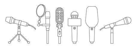 Microphone isolated outline set icon. Vector outline set icon music equipment. Vector illustration microphone on white background.のイラスト素材