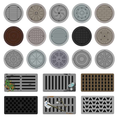 Manhole sewer vector cartoon icon set . Collection vector illustration hatch street on white background. Isolated cartoon illustration icon set of manhole for web design.のイラスト素材