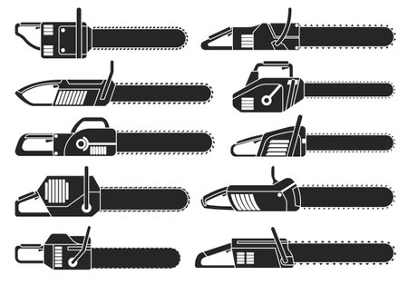 Chainsaw of chain vector black set icon.Vector illustration gasoline saw on white background . Isolated black set icon chainsaw of chain.のイラスト素材