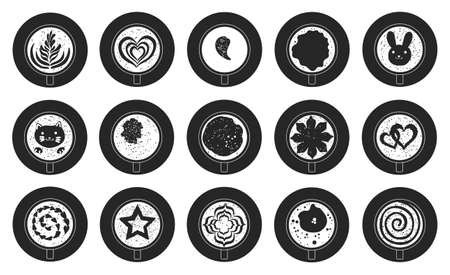 Top view of coffee isolated black set icon. Vector black set icon cup cappuccino. Vector illustration top view of coffee on white background.のイラスト素材