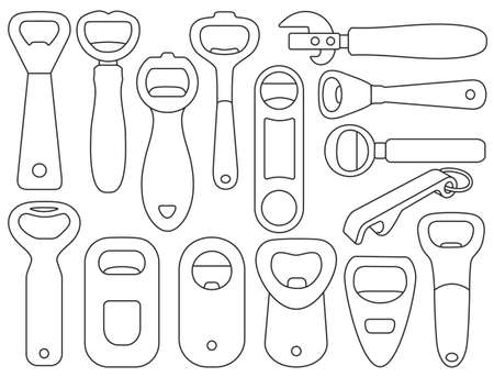Bottle opener vector outline icon set . Collection vector illustration tool for open on white background.Isolated outline illustration icon set of bottle opener for web design.のイラスト素材