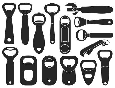 Bottle opener vector black icon set . Collection vector illustration tool for open on white background.Isolated black illustration icon set of bottle opener for web design.のイラスト素材