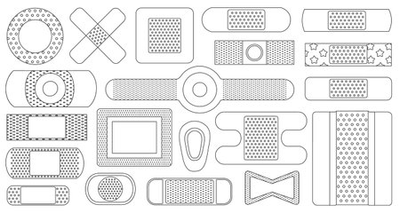Bandage vector outline icon set . Collection vector illustration plaster on white background. Isolated outline illustration icons set of bandage for web design.のイラスト素材