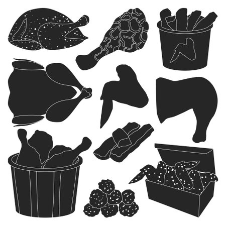Fried chicken isolated black set icon. Vector illustration crispy wing on white background. Vector black set icons fried chicken.のイラスト素材