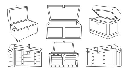 Chest treasure outline vector set icon. Vector illustration on wooden box of gold white background. Isolated vector outline set icons chest treasure.のイラスト素材
