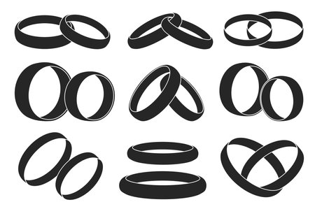 Wedding ring vector black set icon. Isolated black set icons jewelry for engagement.Vector illustration wedding ring on white background.のイラスト素材