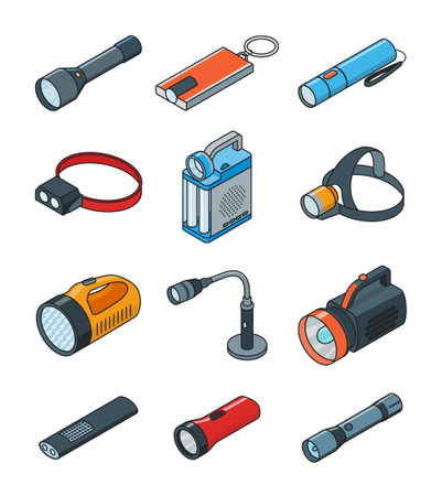 Flashlight vector illustration on white background. Isometric set icon spotlight. Vector color set icons flashlight.のイラスト素材