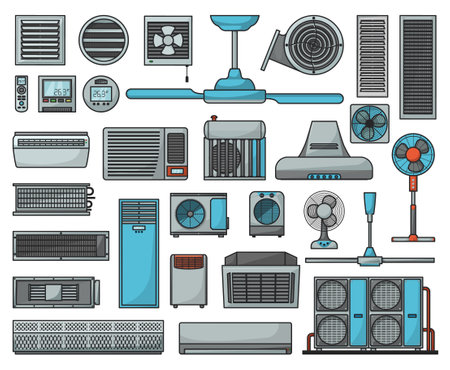 Air ventilator color vector set icon.Vector illustration icons of ventilator equipment.Isolated color set of air fan system.のイラスト素材