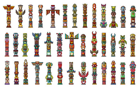 Totem vector color set icon. Vector illustration set tribal mask. Isolated color icons traditional totem on white background .のイラスト素材