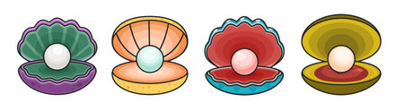 Pearl in seashell isolated color set icon. Vector illustration jewelry ball on white background. Vector color set icons pearl in seashell .のイラスト素材
