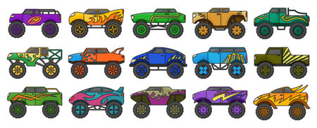 Monster truck isolated color set icon. Vector color set icons car. Vector illustration monster truck on white background.のイラスト素材