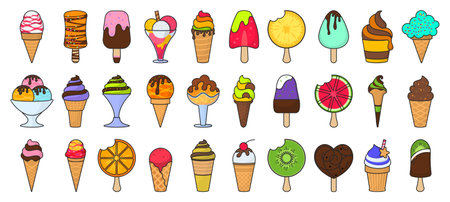 Ice cream color vector set icon.Vector illustration icons chocolate ice cream in cone.Isolated color set vanilla icecream.のイラスト素材