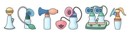 Breast pump vector color set icon. Vector illustration of equipment for breastfeeding on white background. Color set icons breast pump.のイラスト素材