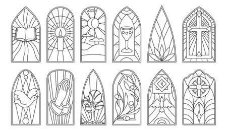 Stained glass vector outline icon set . Collection vector illustration window church on white background. Isolated outline icons set stained glass for web design.のイラスト素材