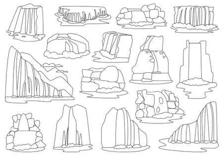 Waterfall isolated outline set icon. Vector outline set icons river cascade. Vector illustration waterfall on white background.のイラスト素材