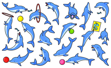 Dolphin sea animal color vector set icon.Vector illustration blue cute dolphin.Isolated color vector icons sea fish on white background.のイラスト素材