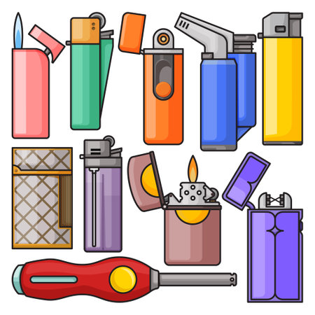 Lighter of flame vector color set icons. Isolated color set icon equipment for ignite. Vector illustration lighter of flame on white background.のイラスト素材