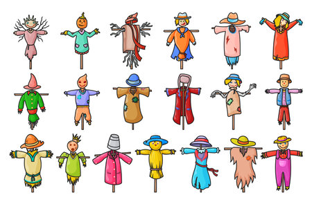 Garden scarecrow vector color set icons.Isolated set color icon halloween of scare.Vector collection garden scarecrow on white background .のイラスト素材