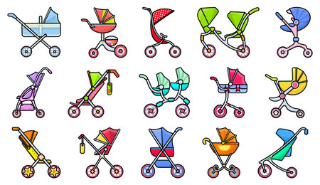 Baby carriage color vector set icon. Illustration of isolated color icons stroller for newborn. Vector illustration baby pram.のイラスト素材