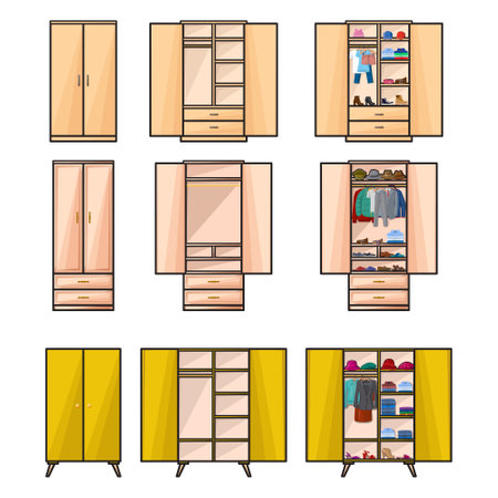 Wooden cupboard isolated color icon. Vector illustration room furniture of wardrobe on white background. Vector color set icons room cupboard.のイラスト素材