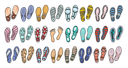 Print of shoe vector color set icon. Vector illustration print of sole shoe on white background. Isolated set icons footprint foot.のイラスト素材