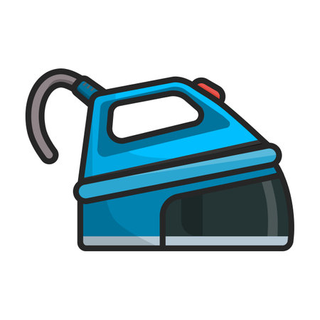 Steam iron for home clothes vector cartoon logo.Color illustration of laundry appliance and hot steam iron.のイラスト素材