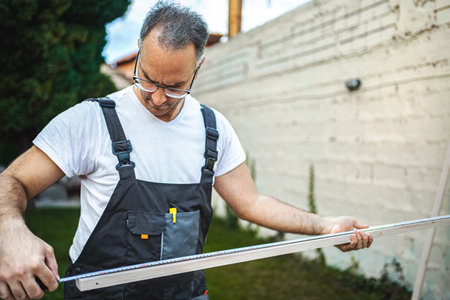 Mature male carpenter measuring wooden plank outdoors