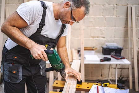 Mature male carpenter using electric screwdriver on a wooden plank outdoors