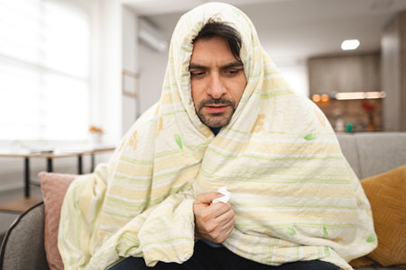 Sick man wrapped in a blanket is sitting on a couchの写真素材