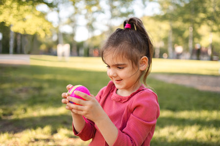 Cute little girl is holding a ball on the playground
