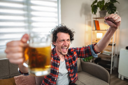 Excited sports fan celebrating with beer at homeの写真素材